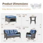 Ensemble de mobilier de jardin 9 pièces comprenant un fauteuil pivotant en osier et un repose-pieds