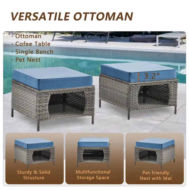 Ensemble de mobilier de jardin 9 pièces comprenant un fauteuil pivotant en osier et un repose-pieds