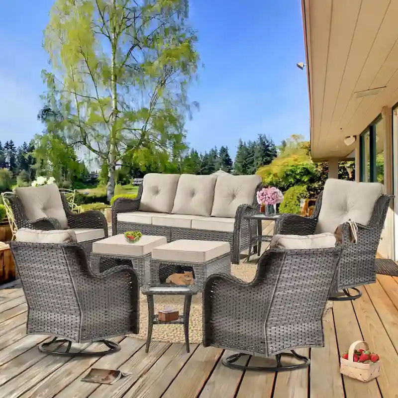 Ensemble de mobilier de jardin 9 pièces comprenant un fauteuil pivotant en osier et un repose-pieds