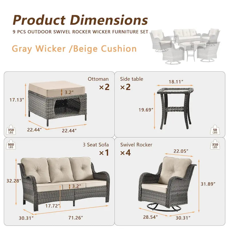 Ensemble de mobilier de jardin 9 pièces comprenant un fauteuil pivotant en osier et un repose-pieds