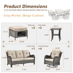 Ensemble de mobilier de jardin 9 pièces comprenant un fauteuil pivotant en osier et un repose-pieds