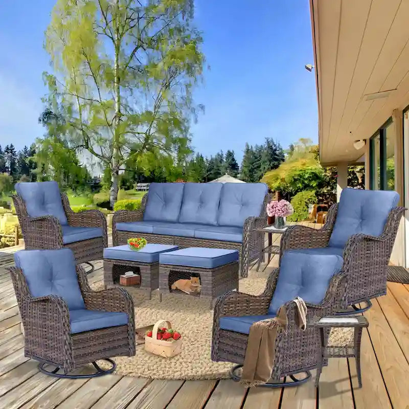 Ensemble de mobilier de jardin 9 pièces comprenant un fauteuil pivotant en osier et un repose-pieds