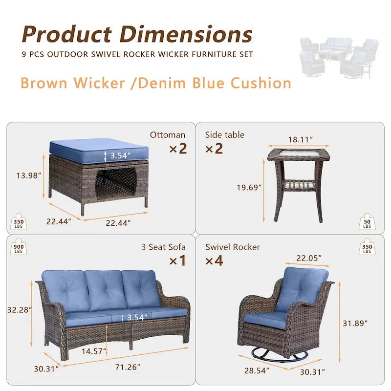 Ensemble de mobilier de jardin 9 pièces comprenant un fauteuil pivotant en osier et un repose-pieds