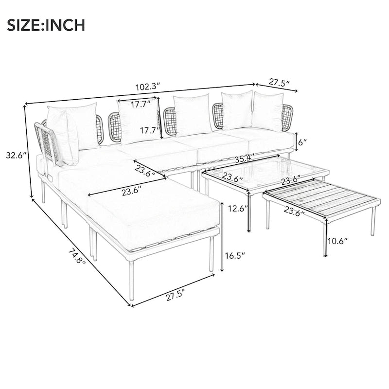Ensemble de canapé d'angle 8 pièces pour patio avec table basse