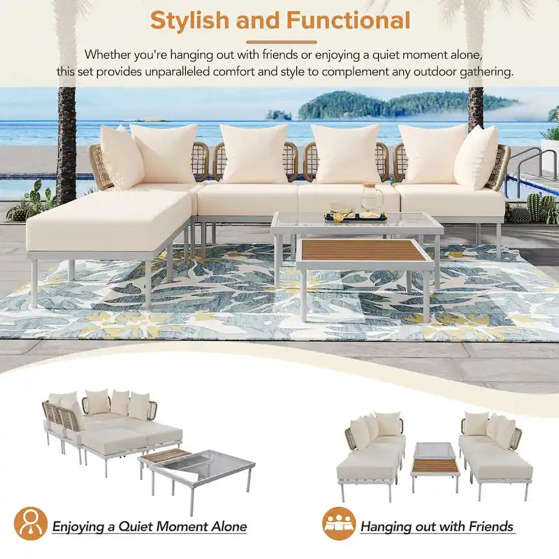 Ensemble de canapé d'angle 8 pièces pour patio avec table basse