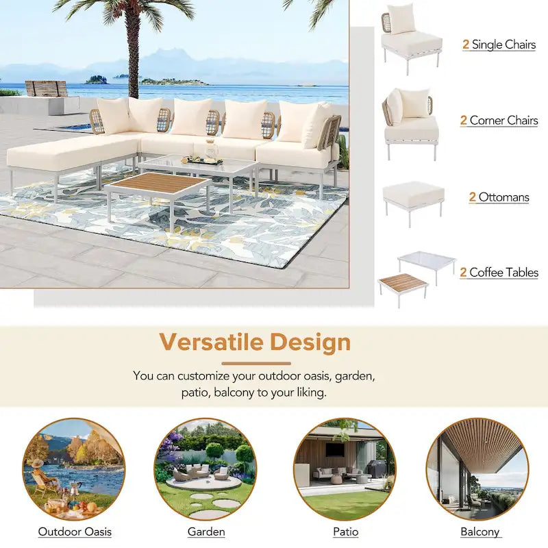 Ensemble de canapé d'angle 8 pièces pour patio avec table basse