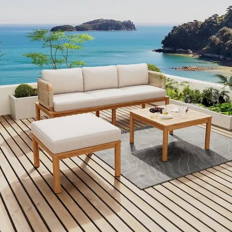 Modern Outdoor 3-piece Acacia Wood Sofa Set with Coffee Table for Patio