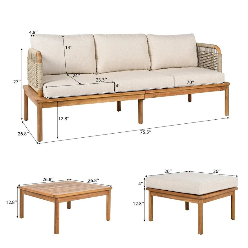 Ensemble de canapé d'extérieur moderne 3 pièces en bois d'acacia avec table basse pour terrasse