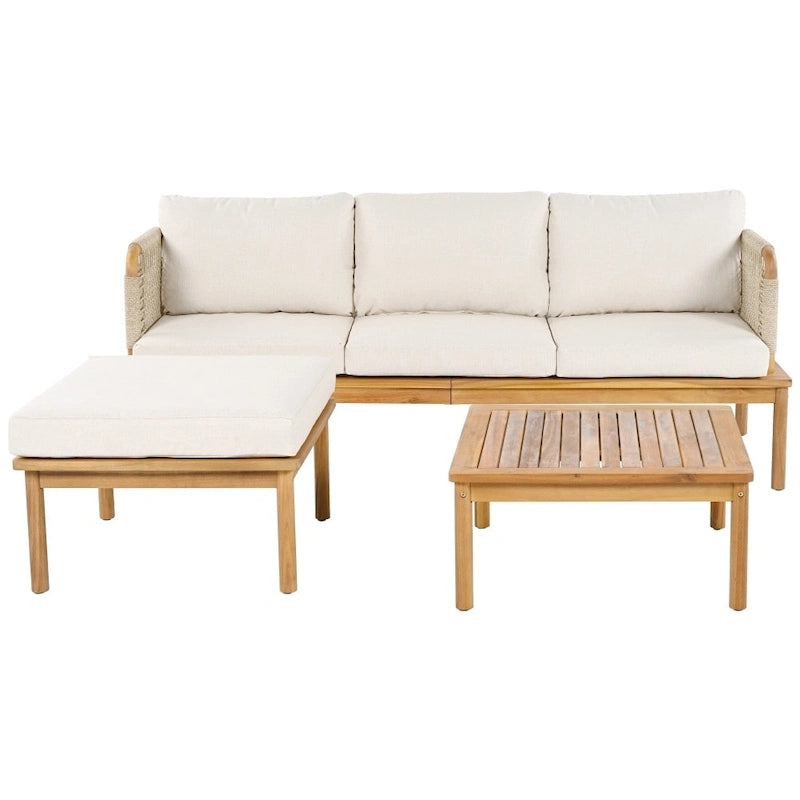 Ensemble de canapé d'extérieur moderne 3 pièces en bois d'acacia avec table basse pour terrasse