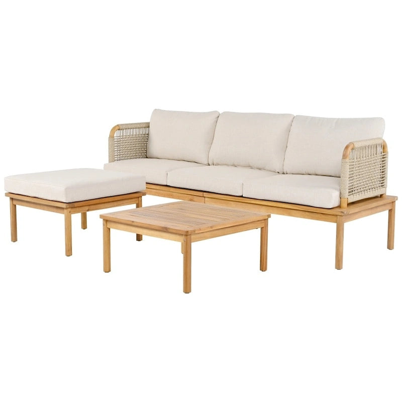 Ensemble de canapé d'extérieur moderne 3 pièces en bois d'acacia avec table basse pour terrasse