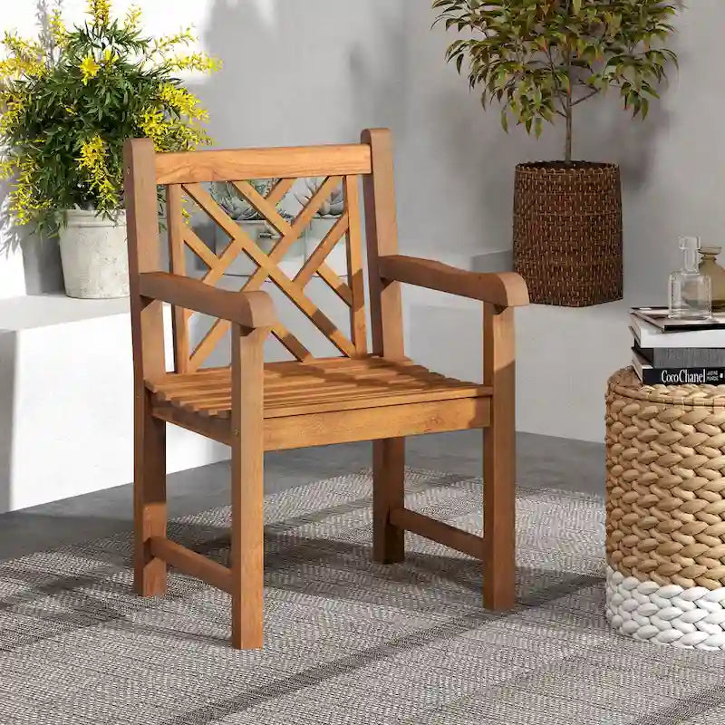Chaise de salle à manger d'extérieur Gymax en bois de teck avec assise à lattes et