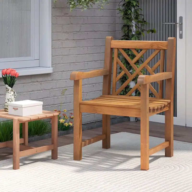 Chaise de salle à manger d'extérieur Gymax en bois de teck avec assise à lattes et