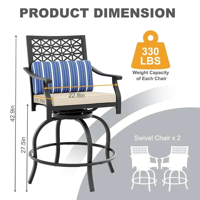 Lot de 2 tabourets de bar pivotants d'extérieur pour terrasse et jardin.