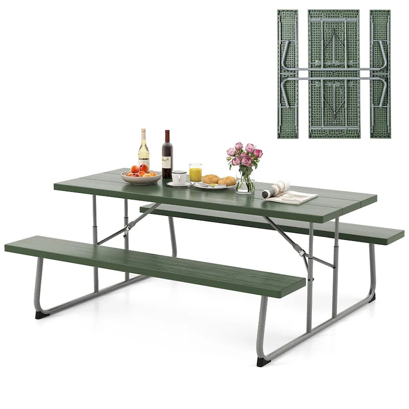 Table de pique-nique pliante Gymax avec 2 bancs, ensemble table de camping 1,8 m avec
