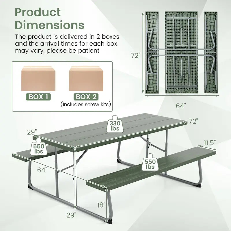 Table de pique-nique pliante Gymax avec 2 bancs, ensemble table de camping 1,8 m avec