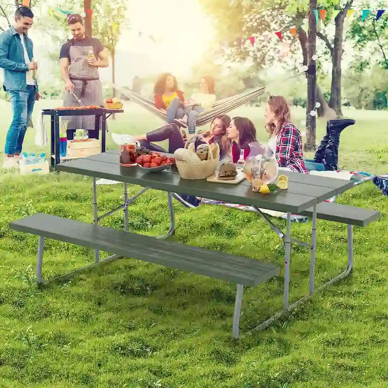 Table de pique-nique pliante Gymax avec 2 bancs, ensemble table de camping 1,8 m avec