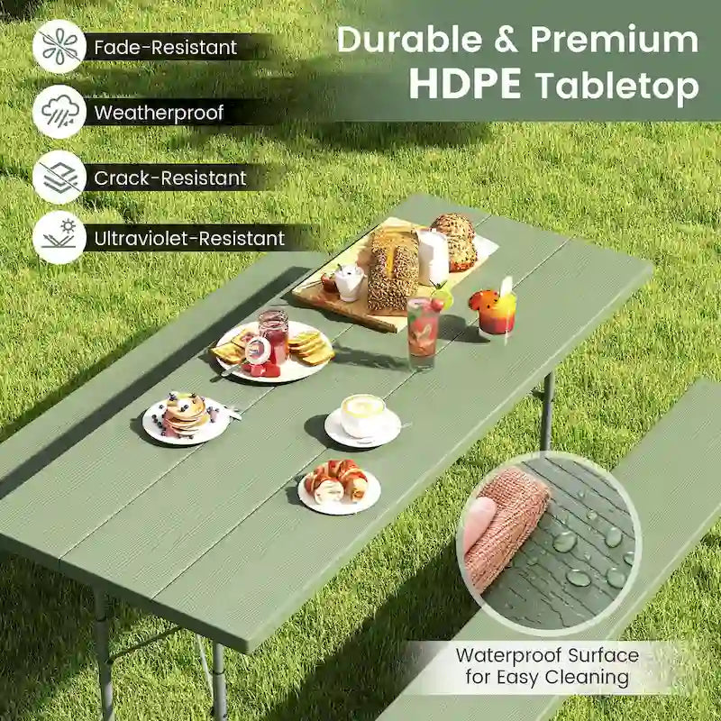 Table de pique-nique pliante Gymax avec 2 bancs, ensemble table de camping 1,8 m avec