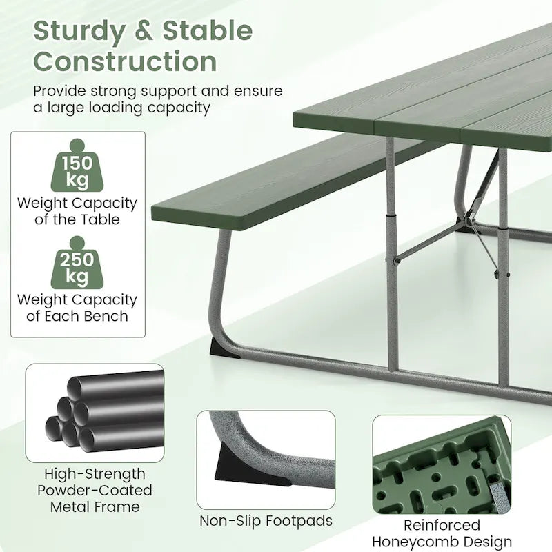 Table de pique-nique pliante Gymax avec 2 bancs, ensemble table de camping 1,8 m avec