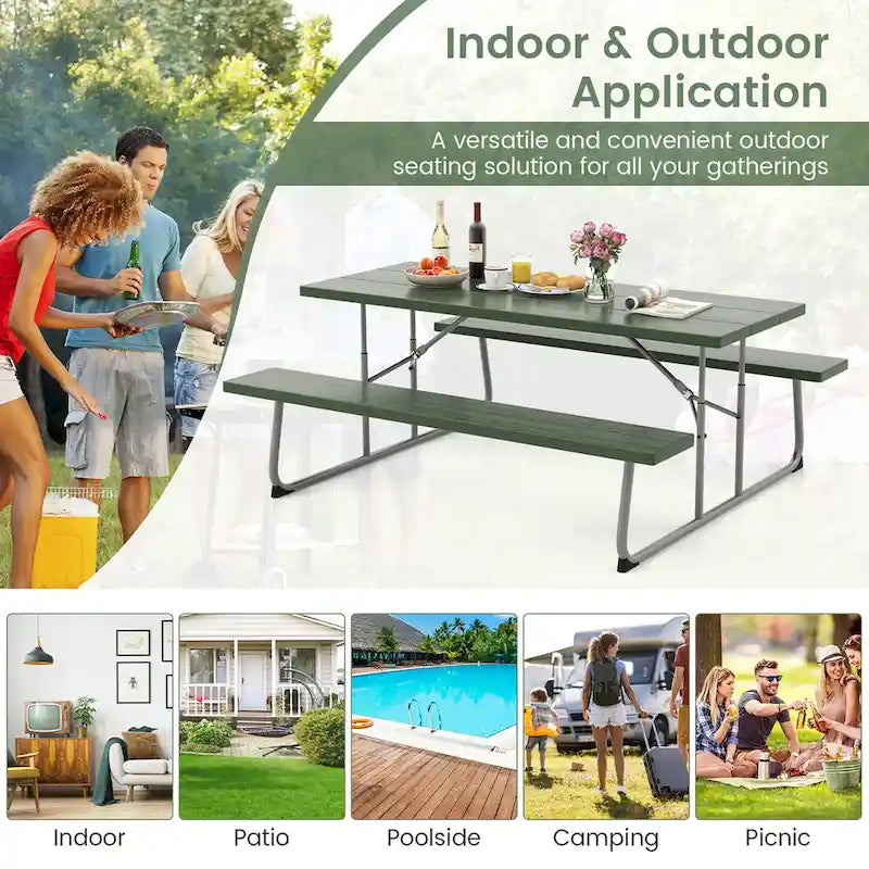Table de pique-nique pliante Gymax avec 2 bancs, ensemble table de camping 1,8 m avec