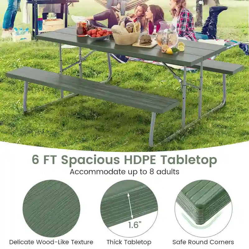 Table de pique-nique pliante Gymax avec 2 bancs, ensemble table de camping 1,8 m avec