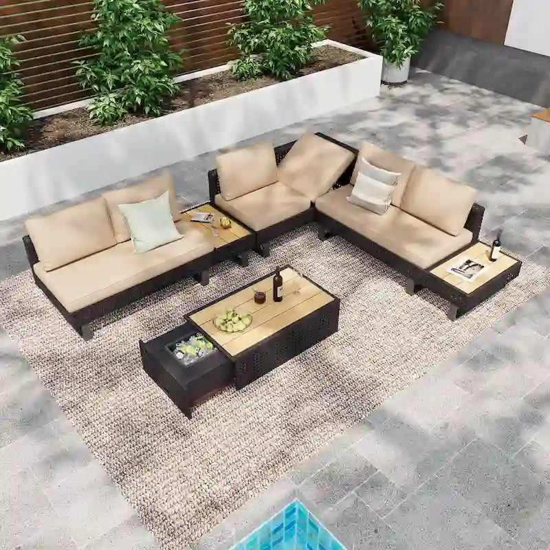 Ensemble de canapé d'angle d'extérieur en rotin 6 pièces avec siège réglable et table avec seau à glace