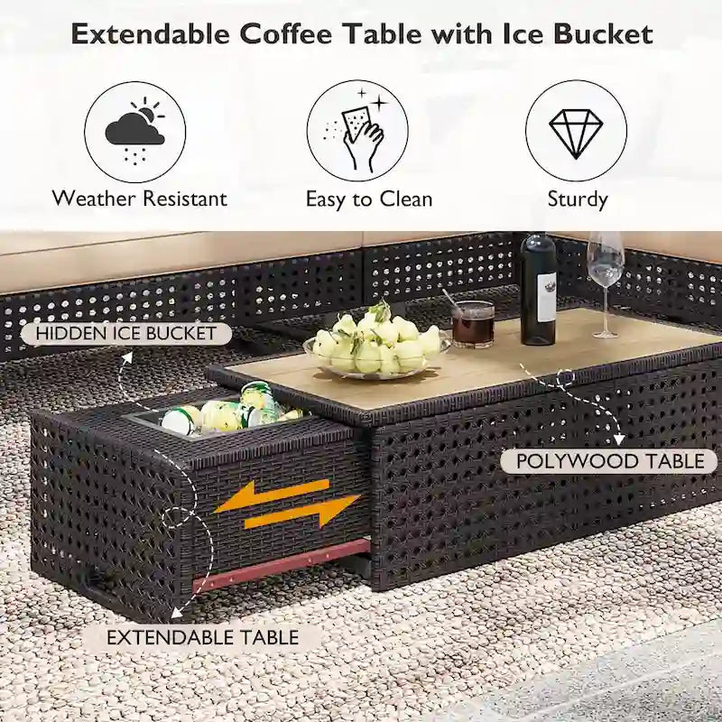 Ensemble de canapé d'angle d'extérieur en rotin 6 pièces avec siège réglable et table avec seau à glace