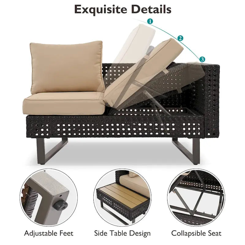 Ensemble de canapé d'angle d'extérieur en rotin 6 pièces avec siège réglable et table avec seau à glace