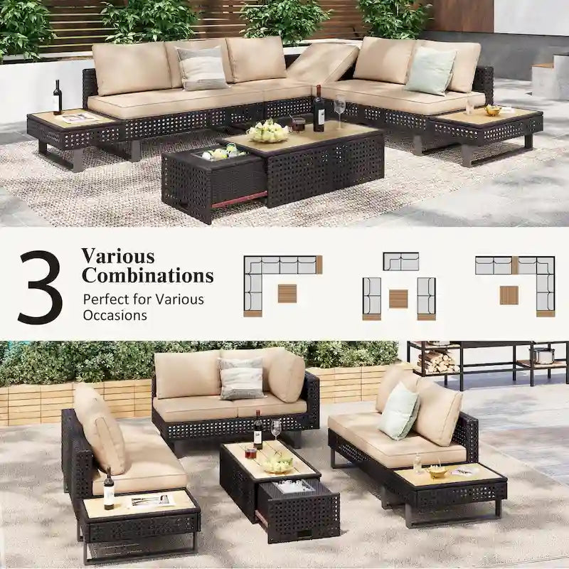 Ensemble de canapé d'angle d'extérieur en rotin 6 pièces avec siège réglable et table avec seau à glace
