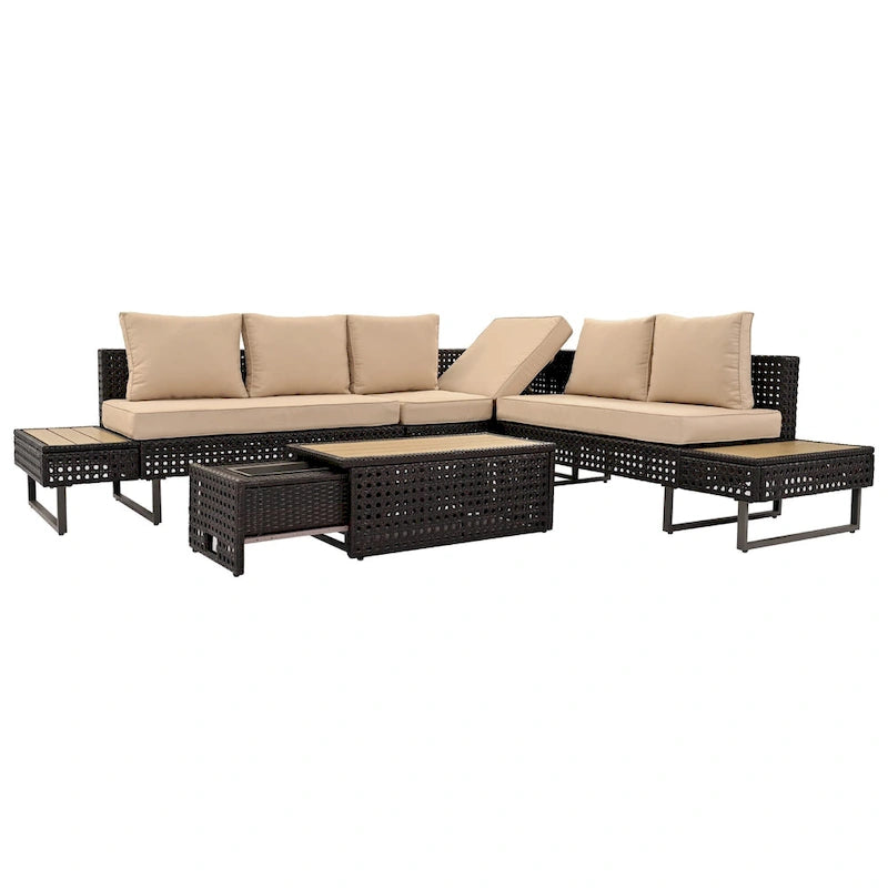 Ensemble de canapé d'angle d'extérieur en rotin 6 pièces avec siège réglable et table avec seau à glace
