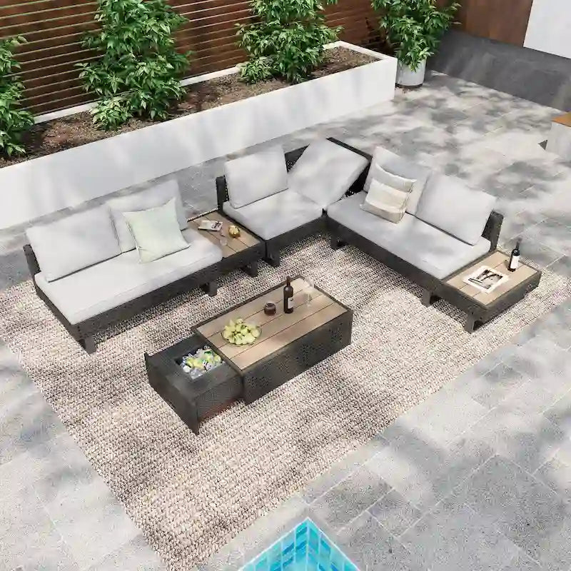 Ensemble de canapé d'angle d'extérieur en rotin 6 pièces avec siège réglable et table avec seau à glace