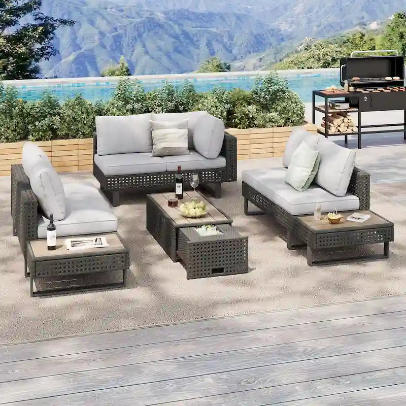 Ensemble de canapé d'angle d'extérieur en rotin 6 pièces avec siège réglable et table avec seau à glace