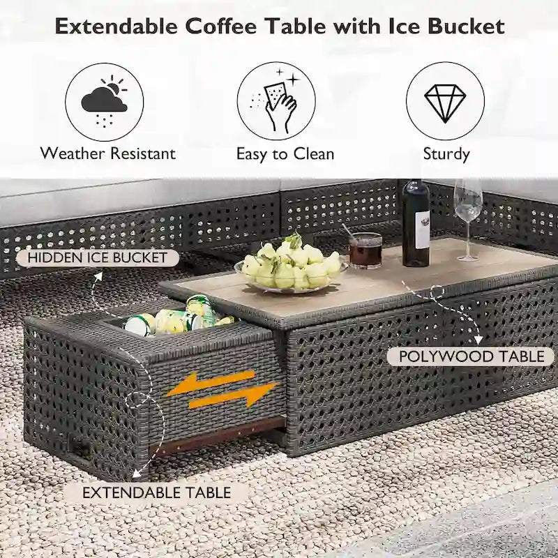 Ensemble de canapé d'angle d'extérieur en rotin 6 pièces avec siège réglable et table avec seau à glace