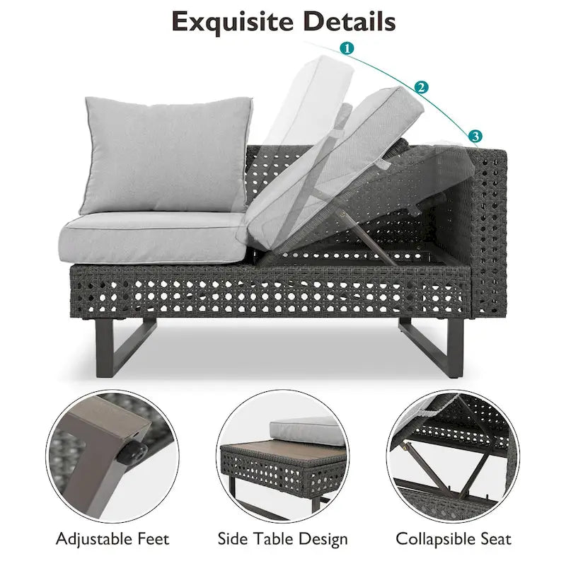 Ensemble de canapé d'angle d'extérieur en rotin 6 pièces avec siège réglable et table avec seau à glace