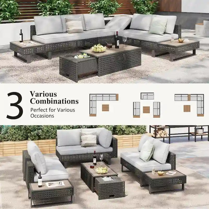 Ensemble de canapé d'angle d'extérieur en rotin 6 pièces avec siège réglable et table avec seau à glace