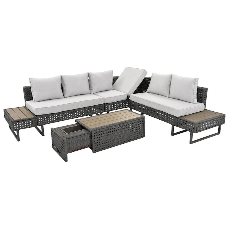 Ensemble de canapé d'angle d'extérieur en rotin 6 pièces avec siège réglable et table avec seau à glace