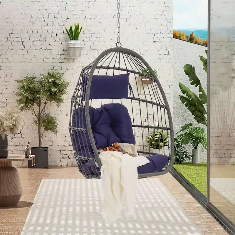 Outdoor Grey Wicker Foldable Swing Hammock Hanging Egg Basket Chair