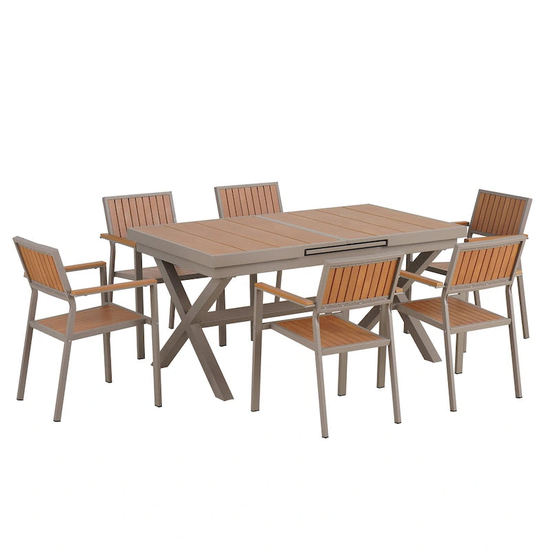 Ensemble de salle à manger d'extérieur extensible 7 pièces avec table extensible et 6 chaises avec accoudoirs