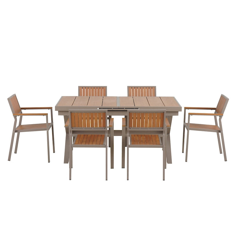 Ensemble de salle à manger d'extérieur extensible 7 pièces avec table extensible et 6 chaises avec accoudoirs
