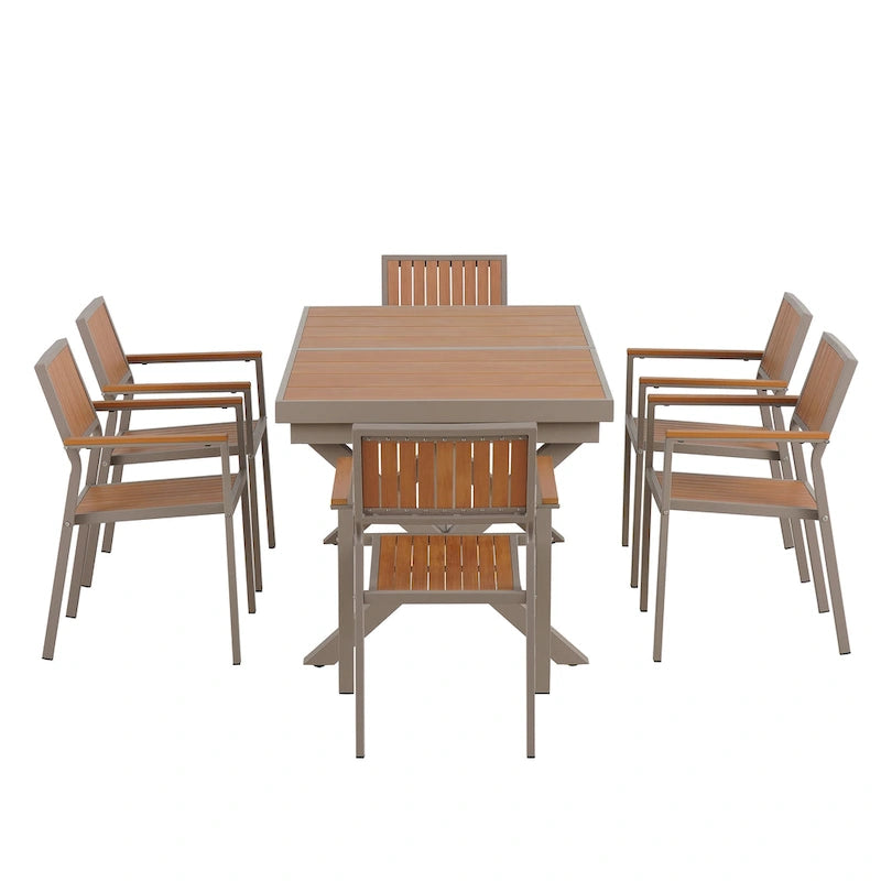 Ensemble de salle à manger d'extérieur extensible 7 pièces avec table extensible et 6 chaises avec accoudoirs
