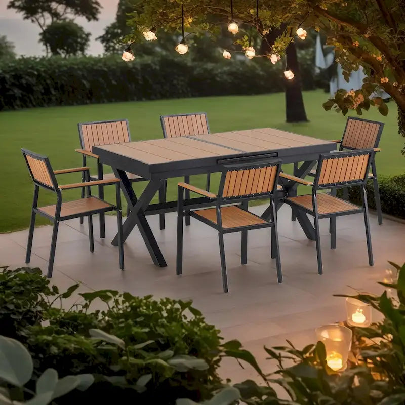 Ensemble de salle à manger d'extérieur extensible 7 pièces avec table extensible et 6 chaises avec accoudoirs