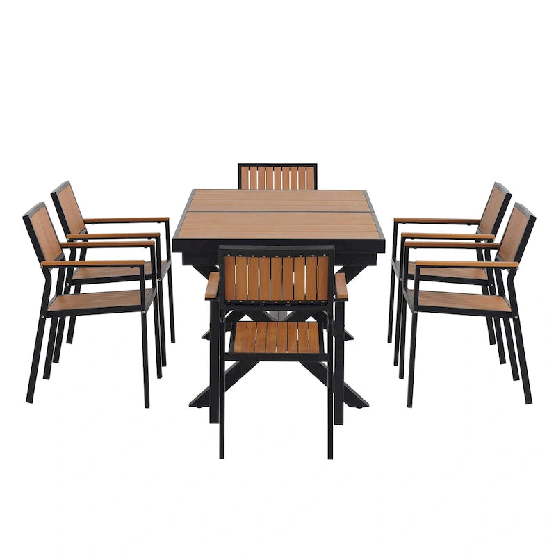 Ensemble de salle à manger d'extérieur extensible 7 pièces avec table extensible et 6 chaises avec accoudoirs