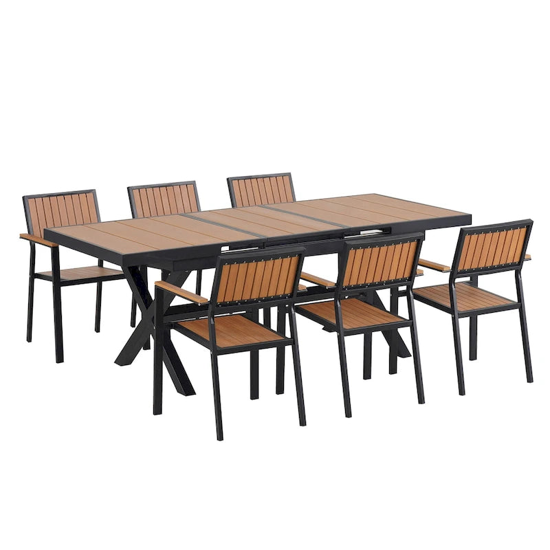Ensemble de salle à manger d'extérieur extensible 7 pièces avec table extensible et 6 chaises avec accoudoirs