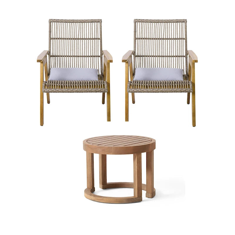 Ensemble de 3 chaises longues d'extérieur en bois d'acacia avec 2 chaises longues en osier tressé et une table d'appoint en bois massif de 18 pouces