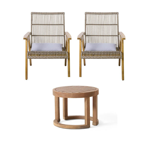 Ensemble de 3 chaises longues d'extérieur en bois d'acacia avec 2 chaises longues en osier tressé et une table d'appoint en bois massif de 18 pouces