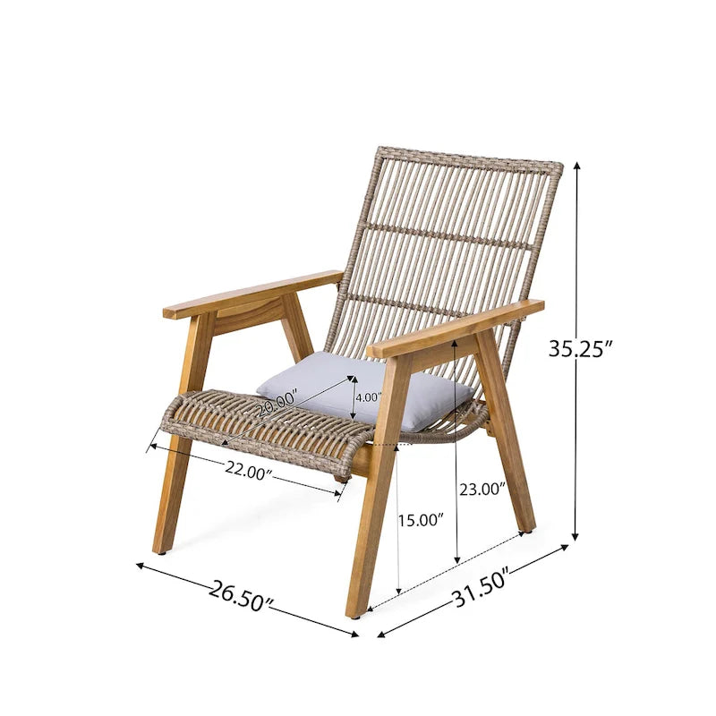 Ensemble de 3 chaises longues d'extérieur en bois d'acacia avec 2 chaises longues en osier tressé et une table d'appoint en bois massif de 18 pouces