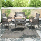 4-Piece Outdoor PE Rattan Wicker Cnversation Sofa Set with Tempered Glass Coffee Table and Waterproof Cushions