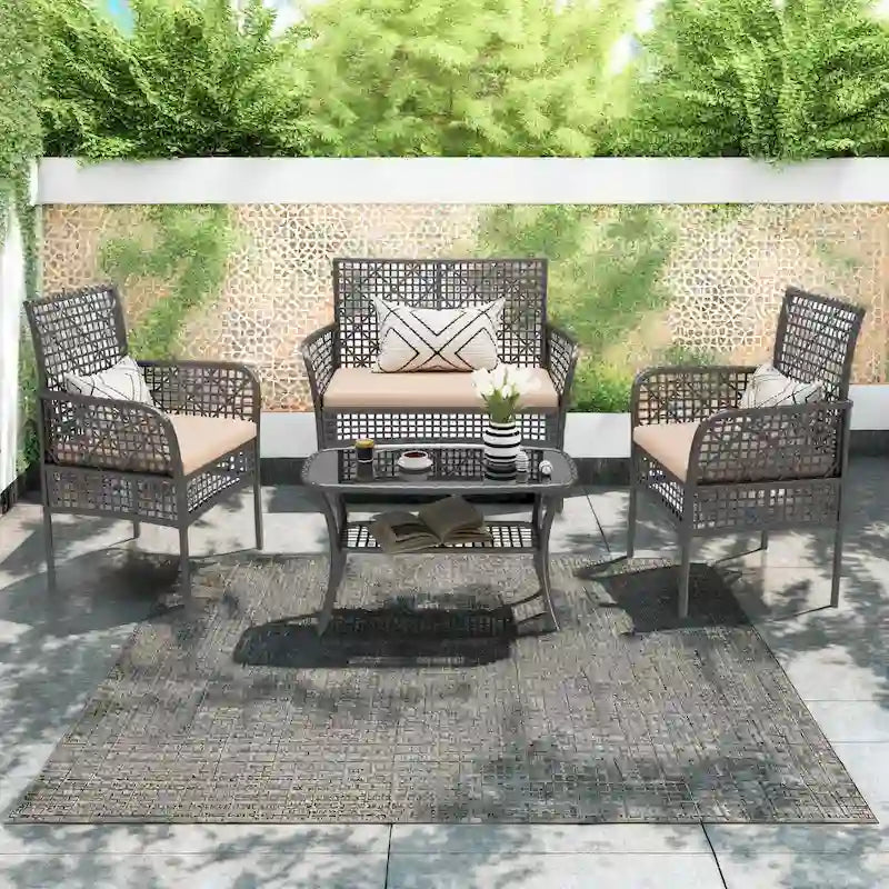 4-Piece Outdoor PE Rattan Wicker Cnversation Sofa Set with Tempered Glass Coffee Table and Waterproof Cushions
