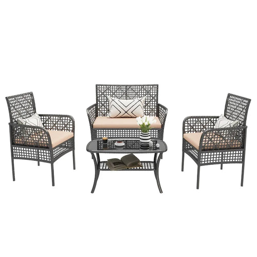 Ensemble de canapé de conversation d'extérieur 4 pièces en rotin PE tressé avec table basse en verre trempé et coussins imperméables
