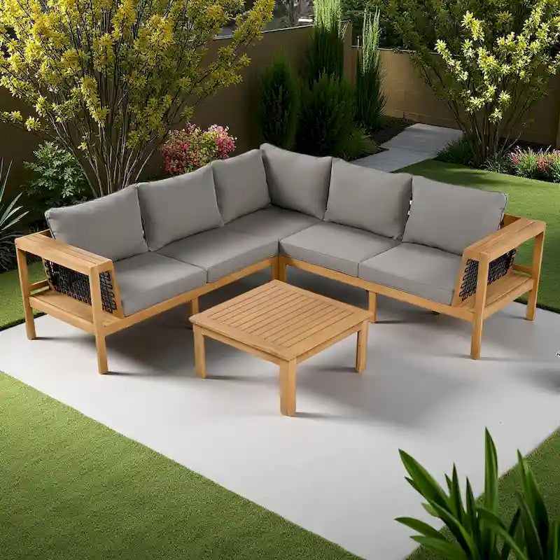 Ensemble de canapé d'angle en L 4 pièces en bois d'acacia pour l'extérieur, avec table basse et table d'appoint.