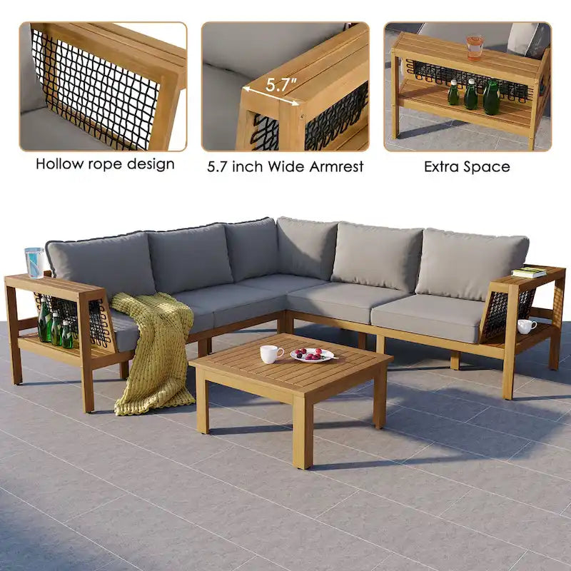 Ensemble de canapé d'angle en L 4 pièces en bois d'acacia pour l'extérieur, avec table basse et table d'appoint.